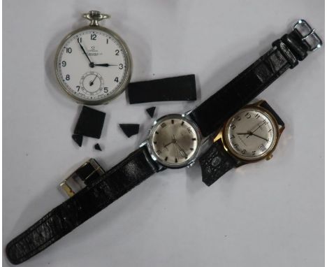 An Omega silver plated pocket watch, the dial inscribed John Mottram Ltd. Sheffield, together with a gilt metal Timex Gent's 