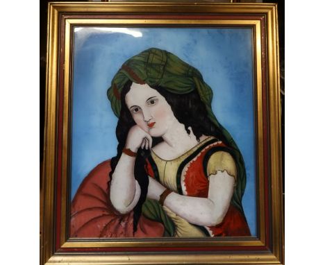 A reverse painting on glass, portrait of a woman with her head on her hand, 17.5ins x 15ins
