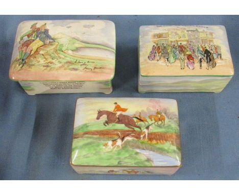 Three Crown Devon rectangular musical boxes, all printed with different scenes, 6ins x 4ins x 3ins, 5.25ins x 3.75ins x 2.5in