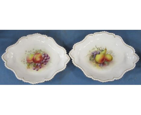 A pair of Royal Worcester diamond shaped dishes, painted with fruit to the center&nbsp;by Roberts, width 12ins