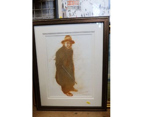 Mike Bagshaw, acrylic and pastel, Hello Mr Lowry, 15.5ins x 11ins, together with a Lowry type scene, a racing print and a hun