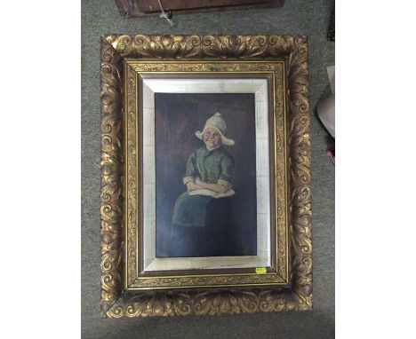An oil on canvas, portrait of a Dutch girl seated, 15.5ins x 9.5ins