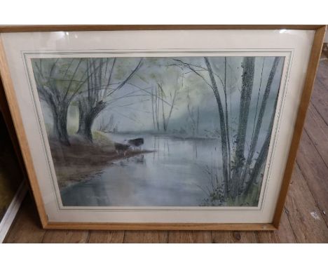 A Thistlethwaite, ten pastels. Subjects - Cows by River, Waterfall, Trees and River, Fields, Garden Statue, River, Landscape,