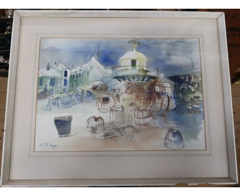 K M Fryer, watercolour, lobster pots and buildings, 15.5ins x 21.5ins