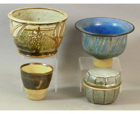MICK ARNUP (1925-2008); a stoneware planter and a stoneware pedestal bowl, painted signature and dates of 1994 and 1996 respe