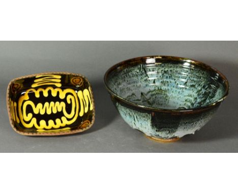 PAUL BARRON (1917-1983); a rectangular slipware dish with pie crust rim, yellow finger wipe decoration on brown ground, impre