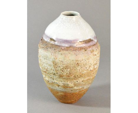 ROBIN WELCH (born 1936); a stoneware vase with heavily textured surface, lilac band and white crackle glaze to top, impressed