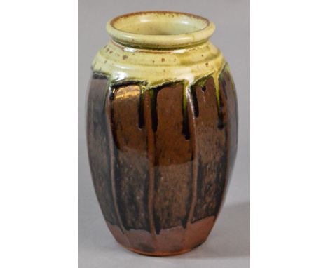 RICHARD BATTERHAM (born 1936); a cut sided stoneware vase, green ash, tenmoku and kaki glazes, height 24.5cm. (D) CONDITION R