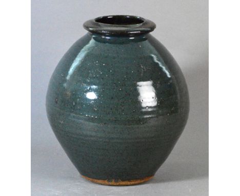 WILLIAM MARSHALL (1923-2007) for Leach Pottery; a large bulbous stoneware vase, ribbed body covered in blue green glaze, coll