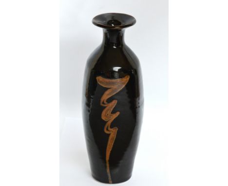 DAVID LEACH (1911-2005) for Lowerdown Pottery; a porcelain bottle of flattened form, iron brushwork on tenmoku ground, impres