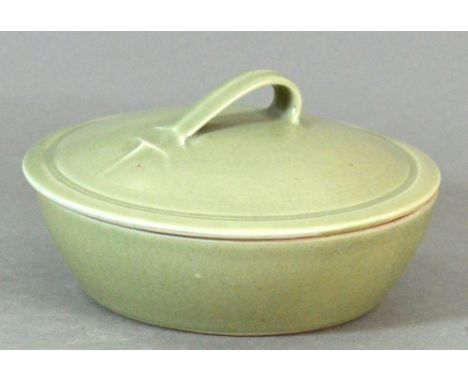 Leach Pottery; a porcelain dish and cover, green celadon glaze, impressed pottery mark, diameter 15cm. CONDITION REPORT: Appe