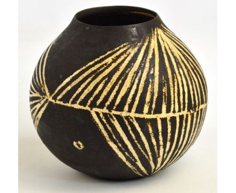 HANS COPER (1920-1981); an early large stoneware globular pot, white slip over textured manganese ground, sgraffito eye and l