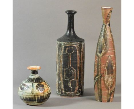 Briglin Pottery; three earthenware vases, painted and incised decoration, impressed pottery marks, tallest height 39cm (3). C