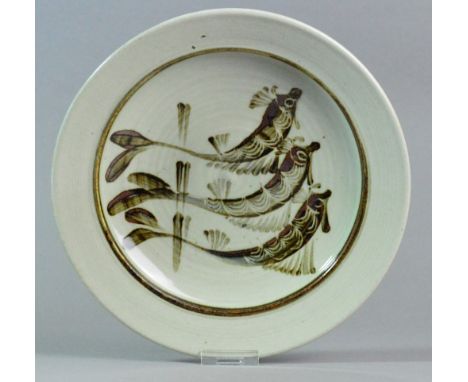 RAY FINCH (1914-2012) for Winchcombe Pottery; a stoneware dish decorated with leaping fish, brushwork by Trudi Finch, made in