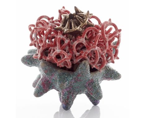 TESSA EASTMAN; 'Polinating Creature II', a spiky stoneware sculptural form covered in blue/green eruptive glaze with purple h