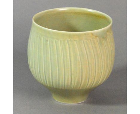 DAVID LEACH (1911-2005) for Lowerdown Pottery; a fluted porcelain bowl covered in green celadon glaze, impressed DL mark, hei