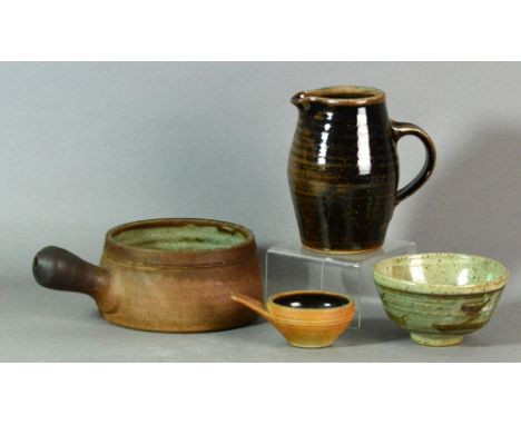 Leach Pottery; four stoneware pots to include a Z bowl (af), a coffee pot (missing lid), a casserole (missing lid) and a rame