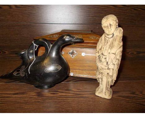OAK TEA CADDY WITH MOTHER OF PEARL INLAY
together with two ceramiv figures