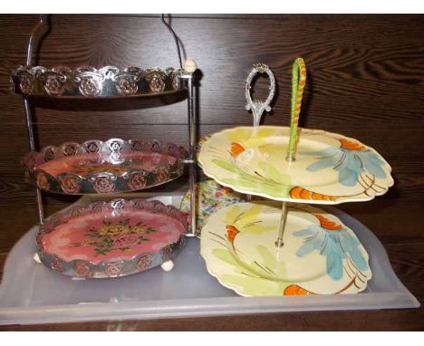 THREE CAKE STANDS
including an Art Deco style Myott two tier, a Royal Winton chintz pattern two tier and a retro 70's style p