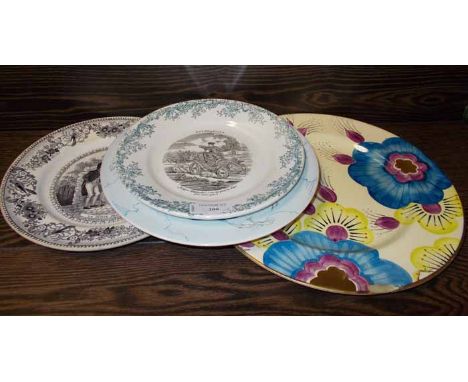 W.P. ROBINS DESIGNED CLARICE CLIFF PLATE, DATED 1934
together with a Gray's Pottery plate and two Scottish transfer-printed s