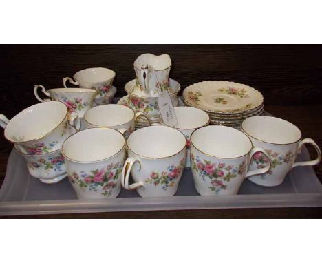 ROYAL ALBERT 'MOSS ROSES' PATTERN PART DINNER SET
with six cup tea set, six mugs with saucers, dinner plates, sideplates, sou