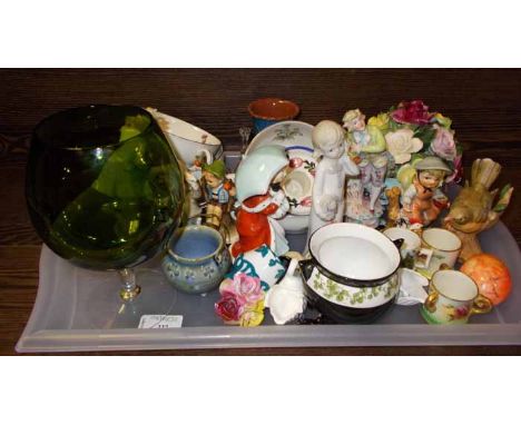 GOEBEL FIGURES, GREEN GLASS VASE AND OTHER CERAMICS
