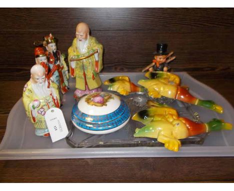 LARGE LOT OF CERAMICS AND GLASS
including four modern Chinese figures, a Goebel figure of a boy, three wall-mounting painted 