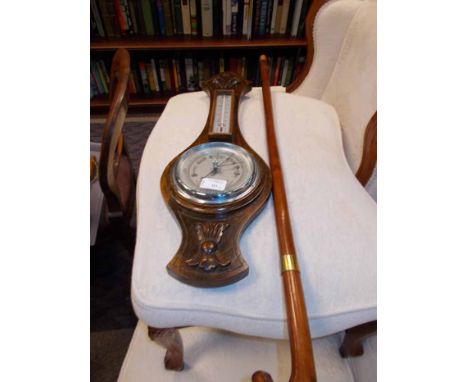 BANJO BAROMETER AND A BRASS COLLARED WALKING STICK