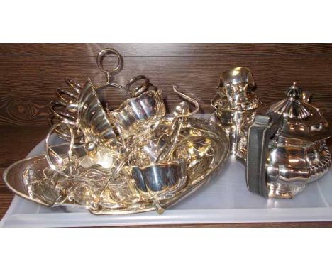 SILVER PLATED THREE PIECE TEA SERVICE
of partly gadrooned design; together with a mixture of silver plated tableware, flatwar