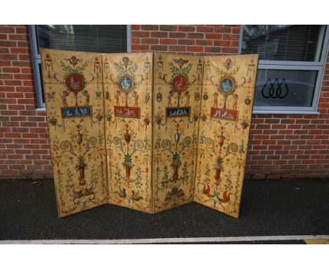 A good 19th century painted leather four-fold screen,&nbsp;with neo-classical decoration and brass studs to the edge, each pa