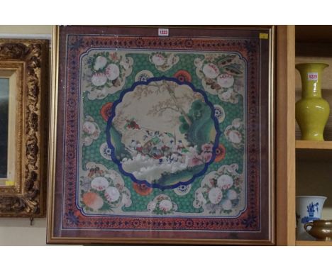 Chinese School, 18th/19th century,&nbsp;a watercolour and gouache panel of figures, with floral spandrels, 60.5 x 60.5cm. 
