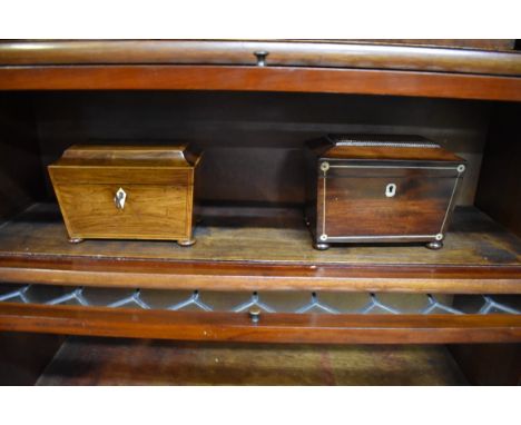 A Regency rosewood and tulip wood crossbanded sarcophagus tea caddy,&nbsp;19.5cm wide; together with another similar mahogany