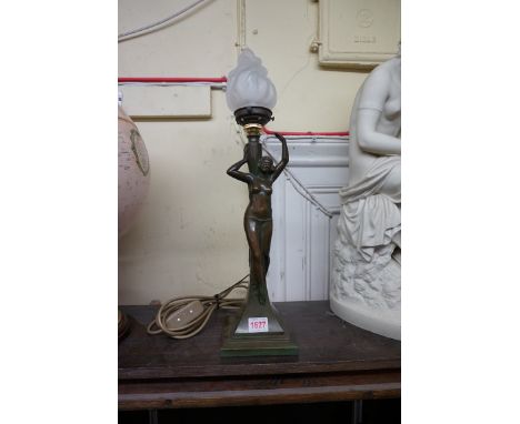 An Art Deco bronzed figural table lamp,&nbsp;height including glass shade, 49cm.&nbsp; 