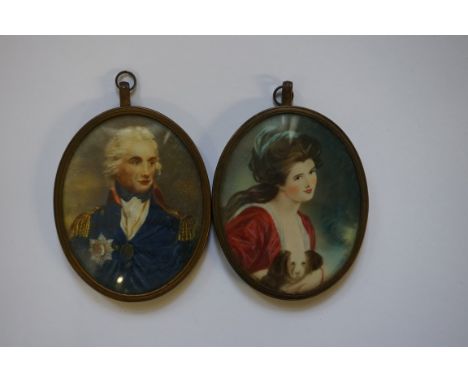A pair of portrait miniatures of Horatio Nelson and Lady Hamilton,&nbsp;oil, 8.1 x 6.4cm oval. 