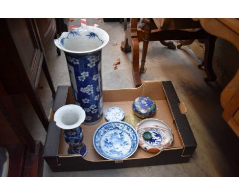 A collection of Chinese and Japanese porcelain and works of art,&nbsp;to include a large blue and white sleeve vase, 44.5cm h