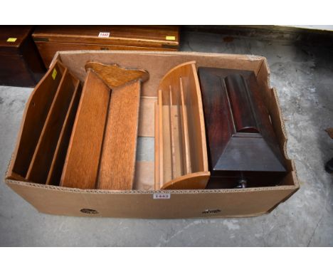 (THH) A regency rosewood sarcophagus tea caddy, 31cm wide; together with three oak letter racks. 