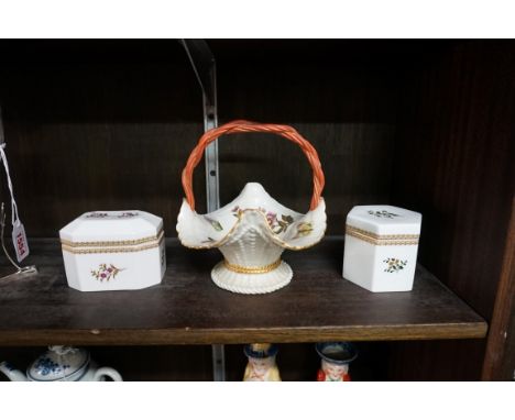 (THH) A Victorian Royal Worcester 'Patent Metallic' basket,&nbsp;16.5cm high; together with two Royal Worcester boxes and cov