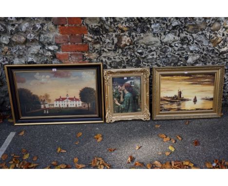 A naive print of Georgian figures in front of building; together with two other pictures.This lot can only be collected on Sa