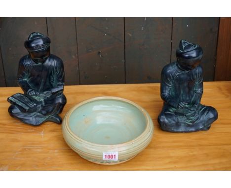 Two figures of musicians; together with a stoneware bowl.&nbsp;This lot can only be collected on Saturday 19th December (9-2p