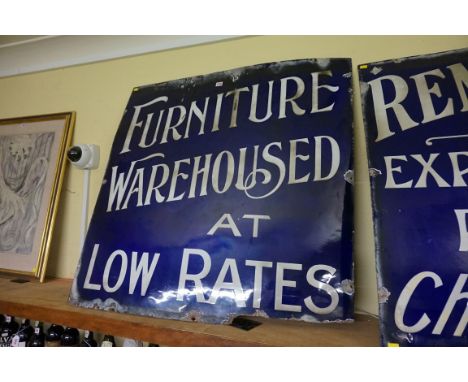 Two similar large vintage enamel 'Furniture Warehoused' and 'Removals' signs,&nbsp;106.5cm square.&nbsp; 