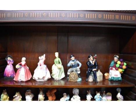 Six Royal Doulton figures, to include: 'Maytime', HN2113; together with a Tuscan china figure of 'Princess Charming', potted 