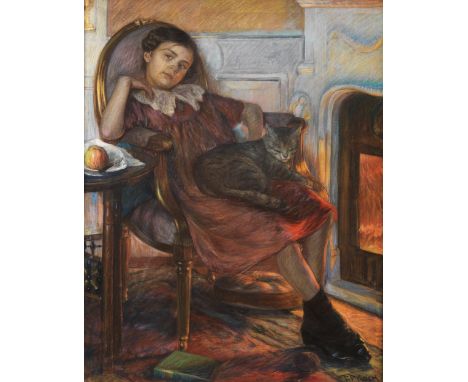 Friedrich Ferdinand Koch, 1863 Landau/ Pfalz – 1923 ebendaMÄDCHEN MIT KATZE AM KAMIN 114 x 91 cm. Rechts unten signiert. Verg