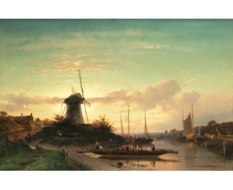 Charles Henri Joseph Leickert, 1816 Brüssel – 1907 MainzWINDMÜHLE AM KANAL BEI SONNENUNTERGANGÖl auf Leinwand. Doubliert.65 x
