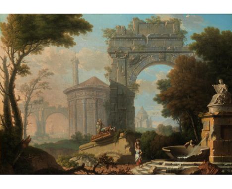 Andrea Locatelli, 1695 Rom – 1741, zug.ARCHITEKTURCAPRICCIO MIT DEM TITUSBOGEN UND DEM PETERSDOM Öl auf Leinwand. Doubliert. 