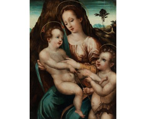 Schule von Parma, 17. JahrhundertMARIA MIT DEM KIND UND DEM JOHANNESKNABEN Öl auf Pappelholz. 72 x 53 cm. Ungerahmt.Die Dreie