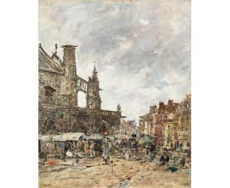Eugène Boudin, 1824 Honfleur – 1898 DeauvilleMARKTTREIBEN VOR DER KATHEDRALE IN DIEPPE „LA PLACE NATIONALE À DIEPPE – UN JOUR