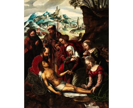 Ambrosius Benson, um 1495 Lombardei – 1550 BrüggeBEWEINUNG CHRISTI VOR WEITER LANDSCHAFT Öl auf Holz. Parkettiert. 120 x 94,5