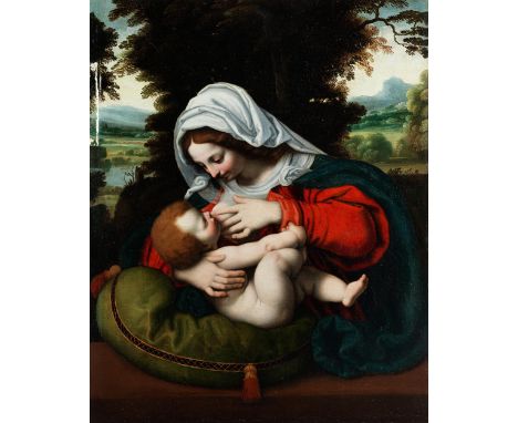 Italienischer Maler in der Nachfolge desAndrea Solario, um 1470 Mailand – 1525MADONNA MIT DEM GRÜNEN KISSEN Öl auf Leinwand. 