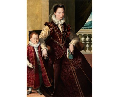 Santi di Tito, 1536 Sansepolcro/ Arezzo – 1603 FlorenzPORTRAIT EINER ADELIGEN MIT KIND Öl auf Holz. 153,8 x 103,5 cm.In einem