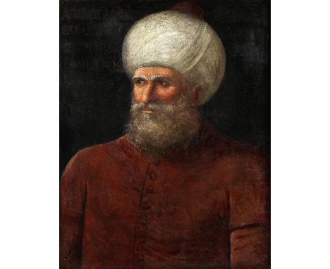 Venezianischer Maler nach 1600BRUSTBILDNIS NACH LINKS MIT EINEM ORIENTALEN MIT WEISSEM TURBAN Öl auf Leinwand. Doubliert. 78 